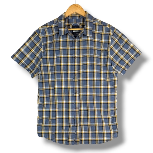 Prana Plaid Button Front Shirt Large Blue Gold - Picture 1 of 11
